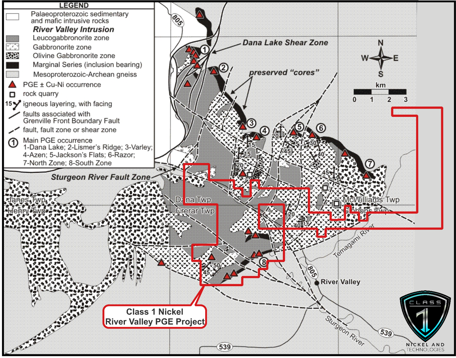 General geological map of the River Valley Intrusion showing the location of the main PGE occurrences (red triangles) within the Marginal Series (Zone) and the mining claims boundary of the River Valley PGE Project (after Jobin-Bevans, 2004).