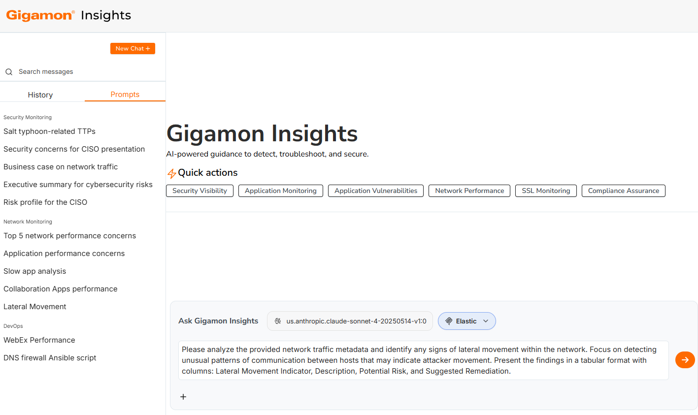 Screenshot from Gigamon Insights, an agentic AI application purpose-built for network-derived telemetry that will deliver instant guidance for Security and IT operations teams.