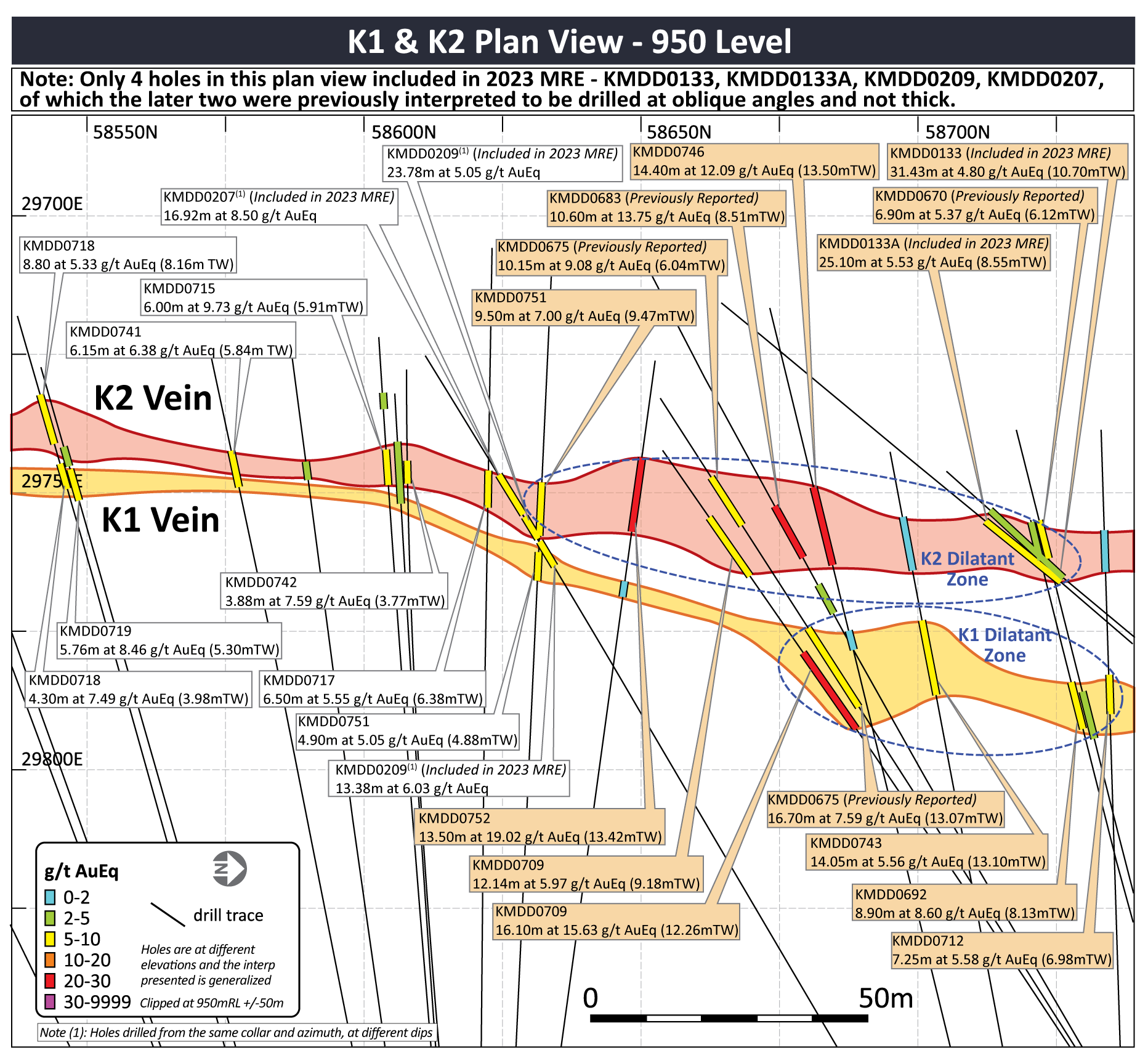 Figure 4 – K1 and K2 Vein Plan Map (950 Level)