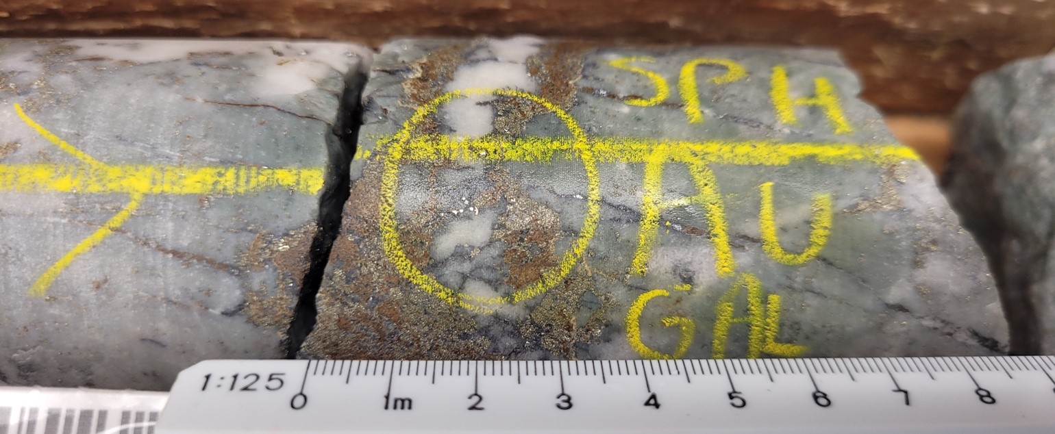 Visible gold in hole P23-2480, with a corresponding assay result of 55 g/t gold over 1.0m