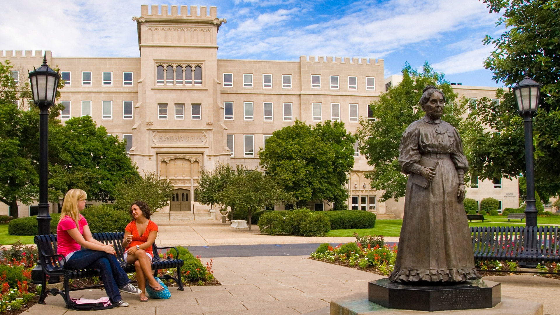 A statue of Bradley University founder, Lydia Moss Bradley, watches over the 85-acre campus.
