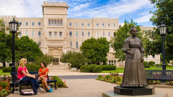A statue of Bradley University founder, Lydia Moss Bradley, watches over the 85-acre campus.