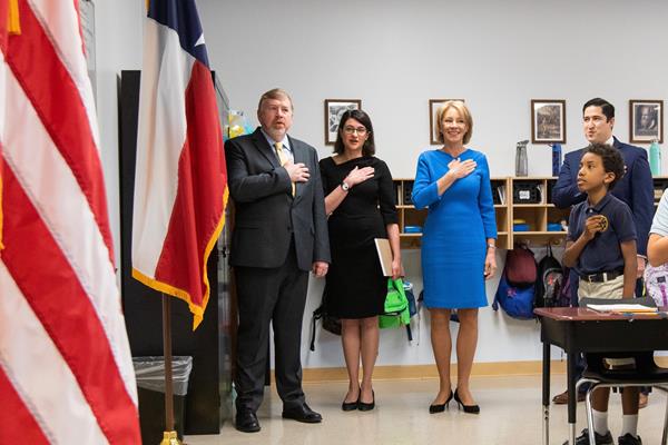 Left to right: Mr. Chuck Cook, Dr. Kathleen O'Toole, U.S. Secretary of Education Betsy DeVos, and Mr. Oscar Ortiz.