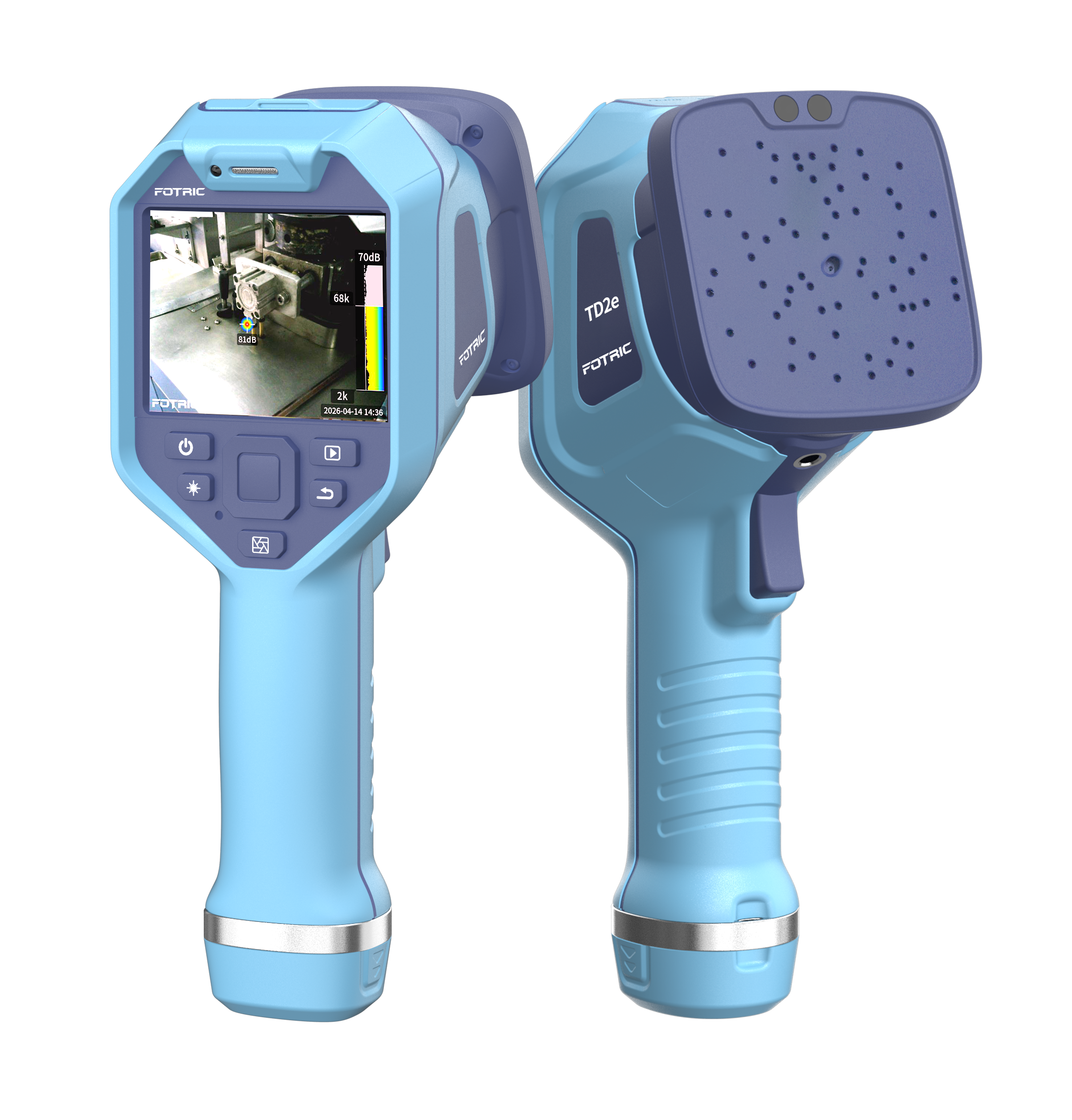 FOTRIC TD2e acoustic imaging camera device showing handheld design and 64 MEMS microphone array for leak detection
