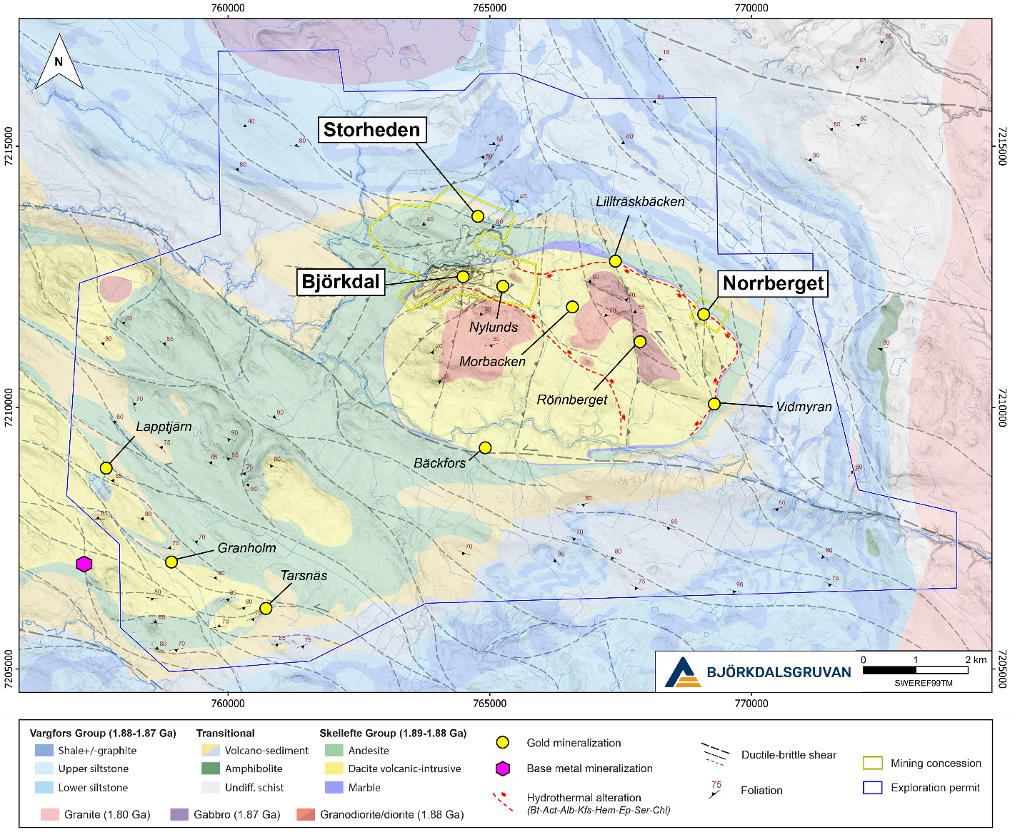 Geology of the Björkdal dome and surroundings, showing outline of currently held exploration permits and mining concessions at the Björkdal, Storheden and Norrberget deposits. 