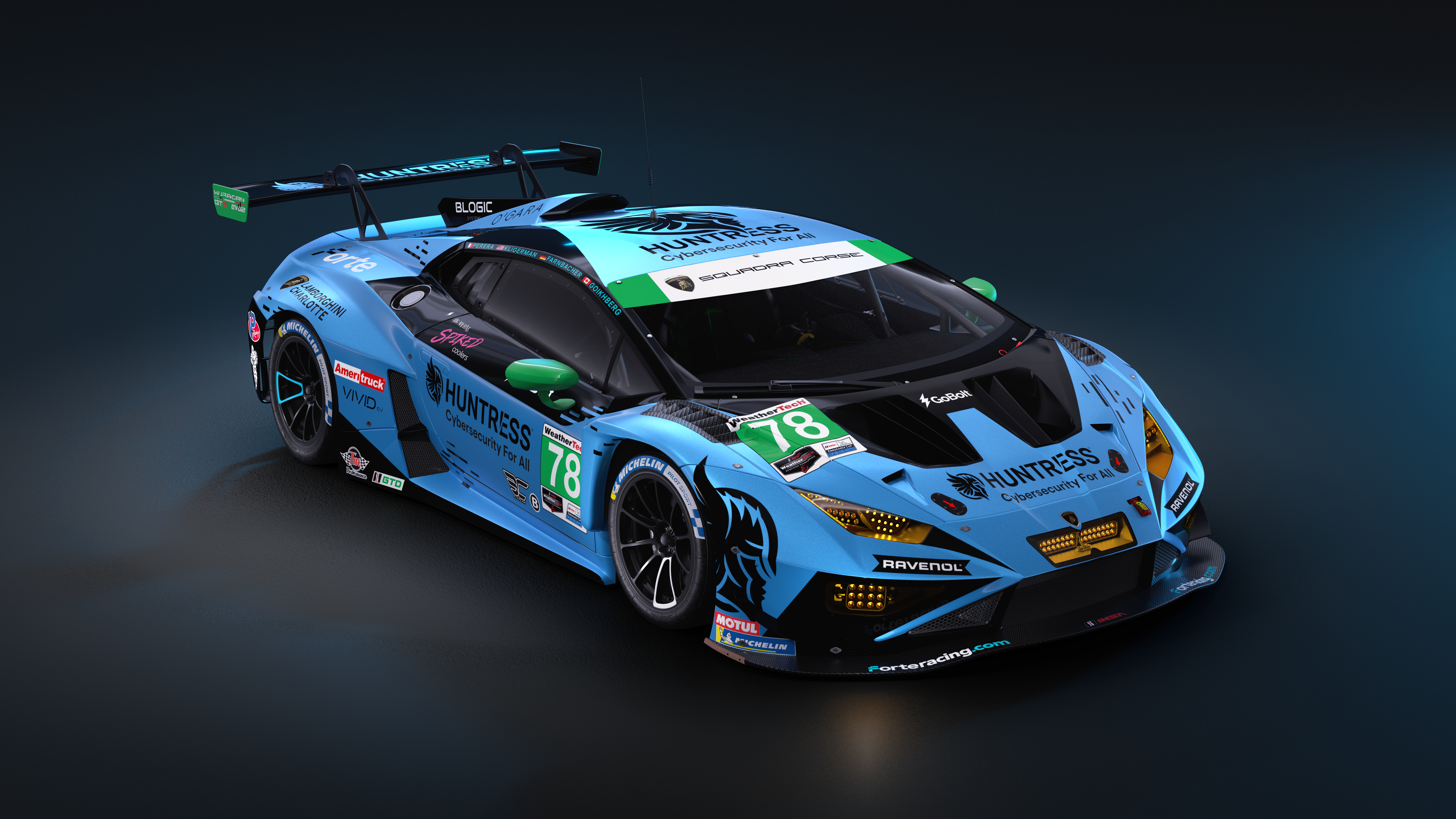 A blue and black Lamborghini Huracán GT3 EVO2 with the number 78, featuring "Huntress" sponsorship prominently displayed.