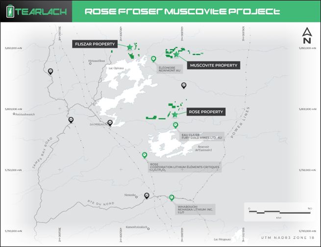 Location of Rose North, Fliszar, and Muscovite Ridge Properties, James Bay area, northern Quebec.