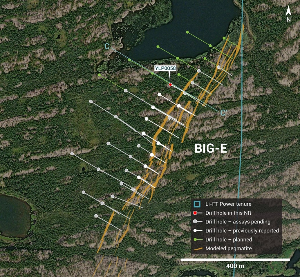 Plan view showing the surface expression of the BIG East pegmatite with diamond drill holes reported in this press release.