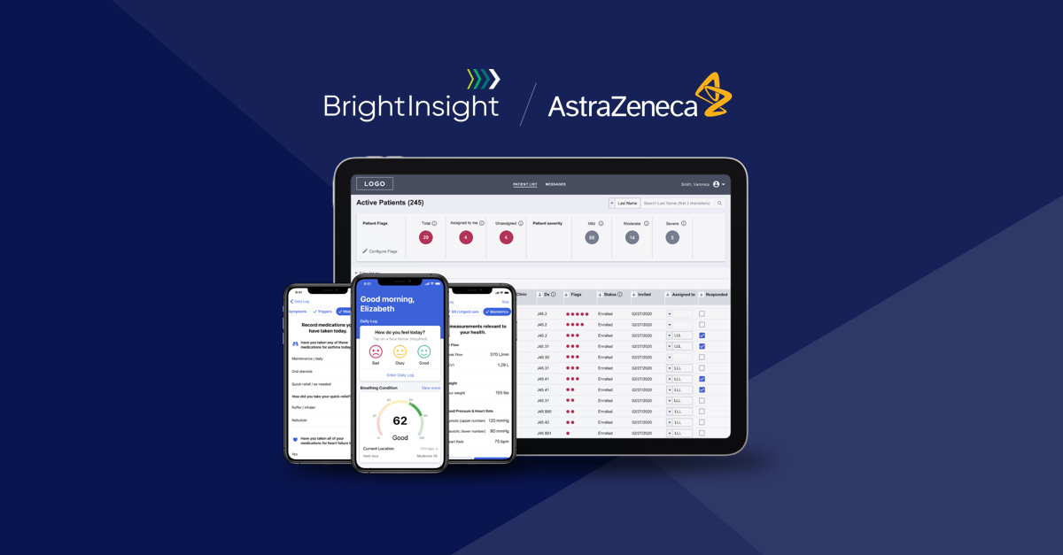 Comprised of a patient mobile application that integrates with digital devices (IoT) and a clinician dashboard integrated into the Electronic Health Record (EHR), the AstraZeneca AMAZE™ Disease Management Platform built on the BrightInsight Platform, captures pertinent clinical information through connected devices, supports quality of life measures and Patient-Reported Outcomes (PROs), and provides a direct communication channel between the patient and their care team. From project kick-off to go-live in less than 12 months, BrightInsight’s proven platform and pre-built functionality significantly accelerated AstraZeneca’s time to market.