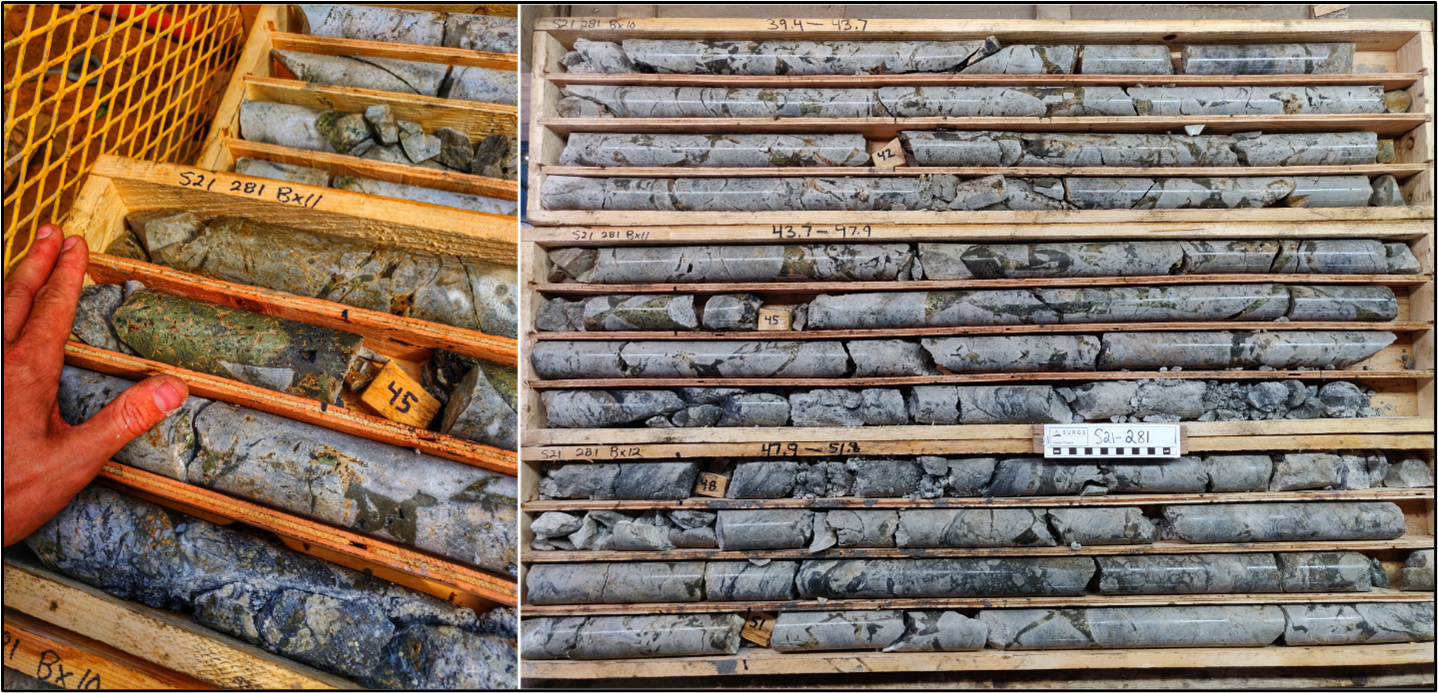 Figure 1: Photographs from hole S21-281. Left: Close up brecciated zone with semi-massive chalcopyrite at 45 metres depth. Right: Breccia zone from 39 to 52 metres depth.