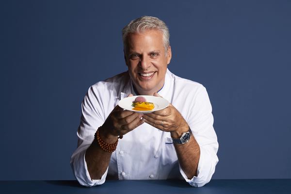 Chef Eric Ripert with Fy-Filled Squash Blossom, Blackberry Sorbet made with Nature’s Fynd Dairy-Free Cream Cheese on Le Bernardin Menu