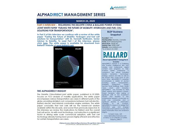 alphaDIRECT Advisors Publishes the Second Part of the Management Series with Dr. DeWoskin, Senior Advisor to Deloitte, Discussing Ballard Power Systems and Hydrogen and Fuel Cell Solutions for Transportation