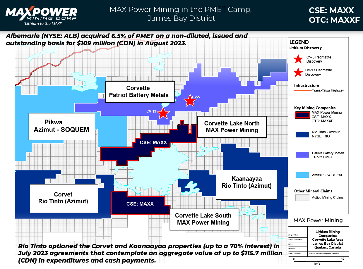 MAX Power Mining Corp_Corvette Lake Property Map_James Bay_Quebec_Aug 31 2023