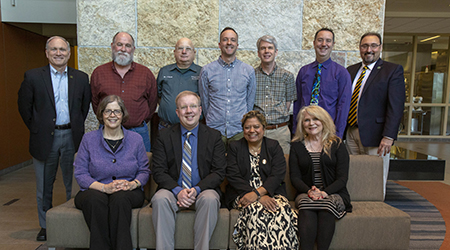 Pictured are (from left, first row) Linda Jenkins, Ben Wahlund, Dilyss Gallyot and Maureen Waller; (second row) College of DuPage Interim President Dr. Brian Caputo, Bob Hazard, Jim Filipek, David Ouellette, Michael O’Leary, Michael Duggan and College of DuPage Provost Dr. Mark Curtis-Chavez. 