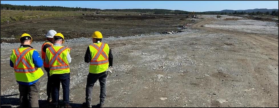 “Zone 6” Rockfill placed on prepared and approved foundation for the TMF Phase 1 Dam, looking northwest. On the upstream side (top left of photograph) shows the prepared foundation without any fill material placement, August 29, 2023