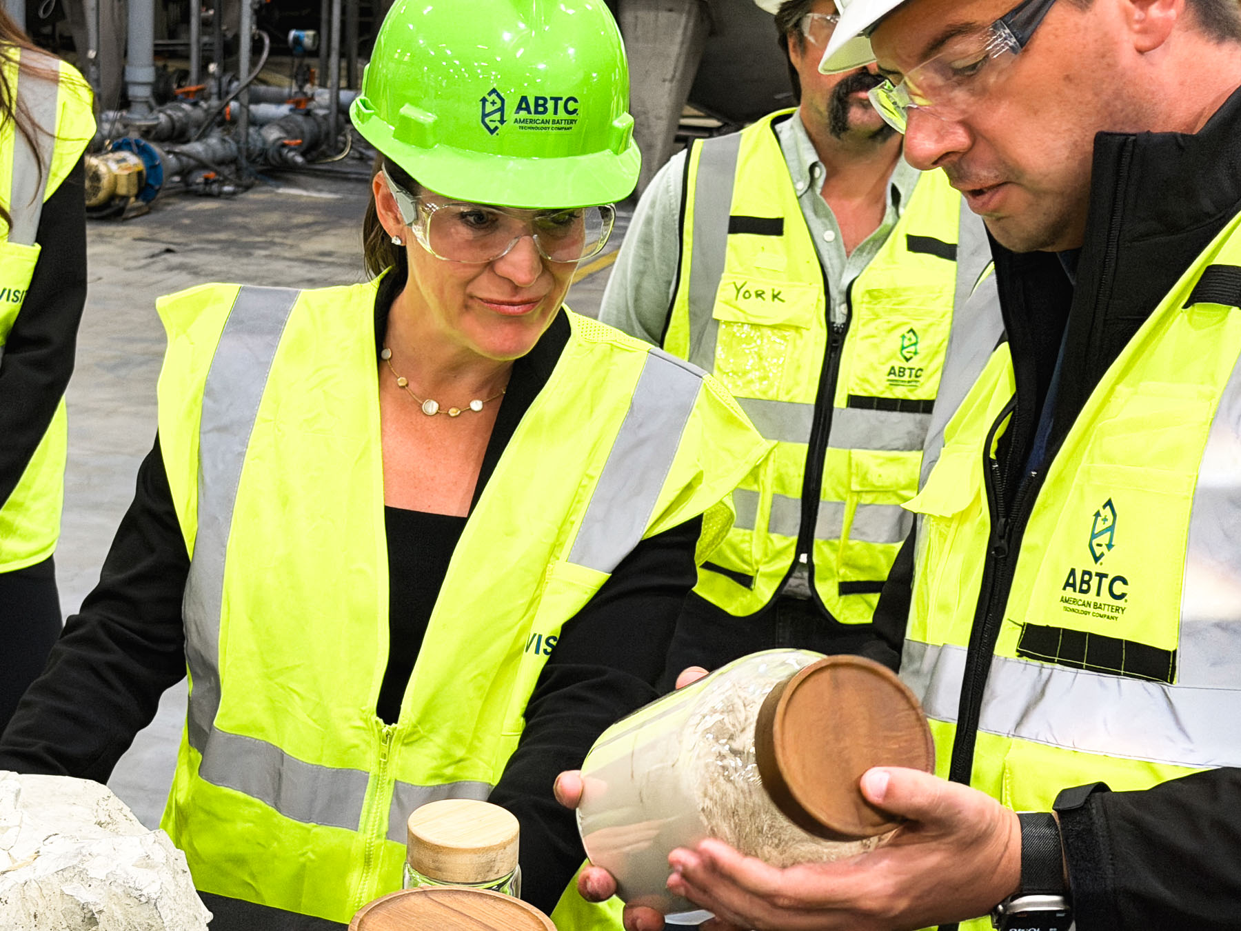 From left to right: Audrey Robertson, U.S. Department of Energy Assistant Secretary, and Ryan Melsert, CEO of American Battery Technology Company, tour the company's commercial lithium-ion battery recycling operations and claystone-to-lithium hydroxide demonstration plant near Reno, Nevada. During the visit, Melsert highlighted the company's internally developed technology platform that has produced battery-grade lithium hydroxide from Nevada claystone sourced from the Tonopah Flats Lithium Project, one of the largest known lithium resources in the United States. The demonstration plant was developed in part through U.S. Department of Energy support and is intended to be scaled through a planned commercial lithium hydroxide refinery proposed to be co-located with the Tonopah Flats Lithium Project in central Nevada.