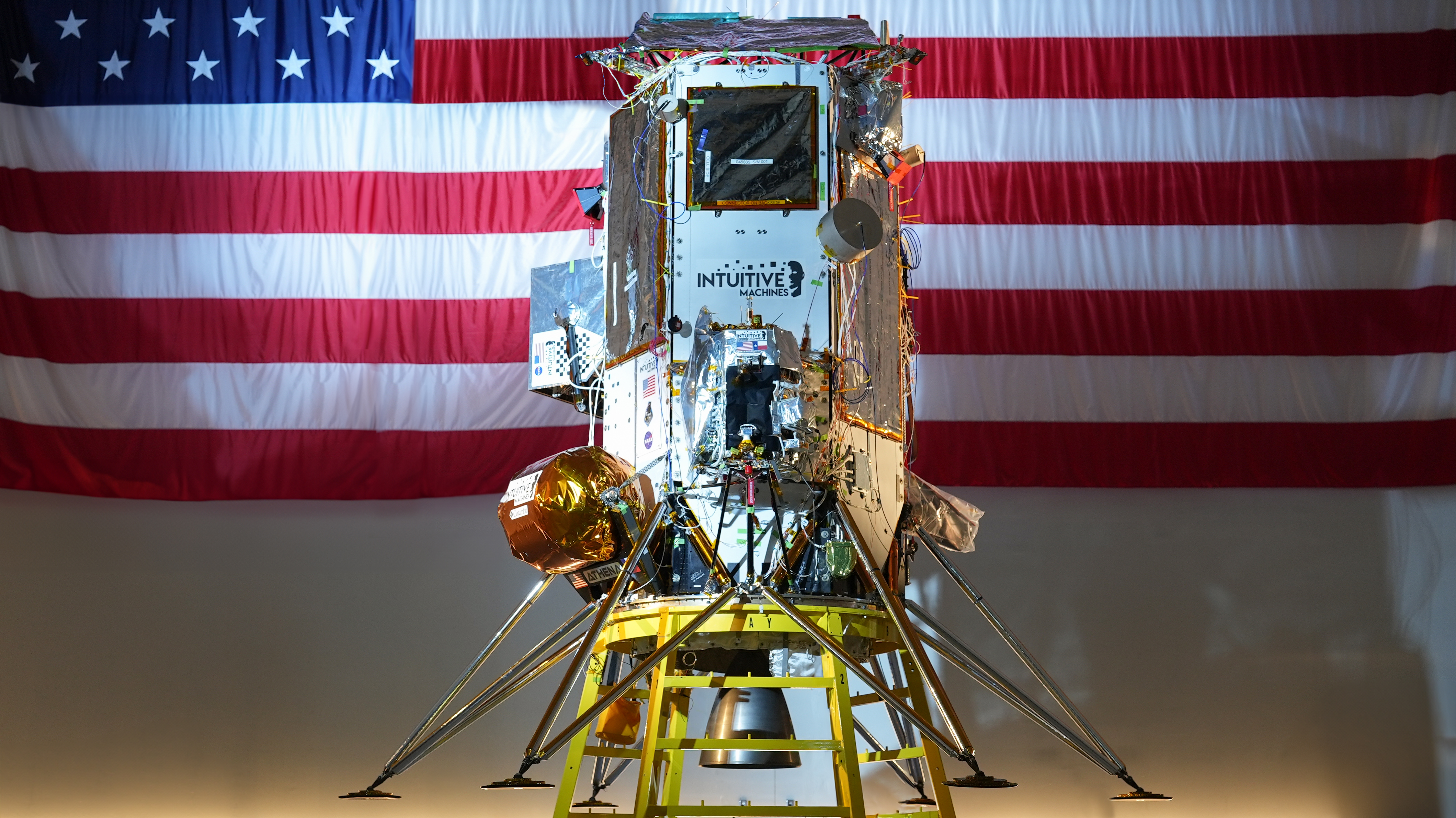 IM-2 lunar lander Athena with an American flag in the background