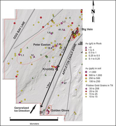 Geochemical anomalies between Big Vein and Golden Glove.