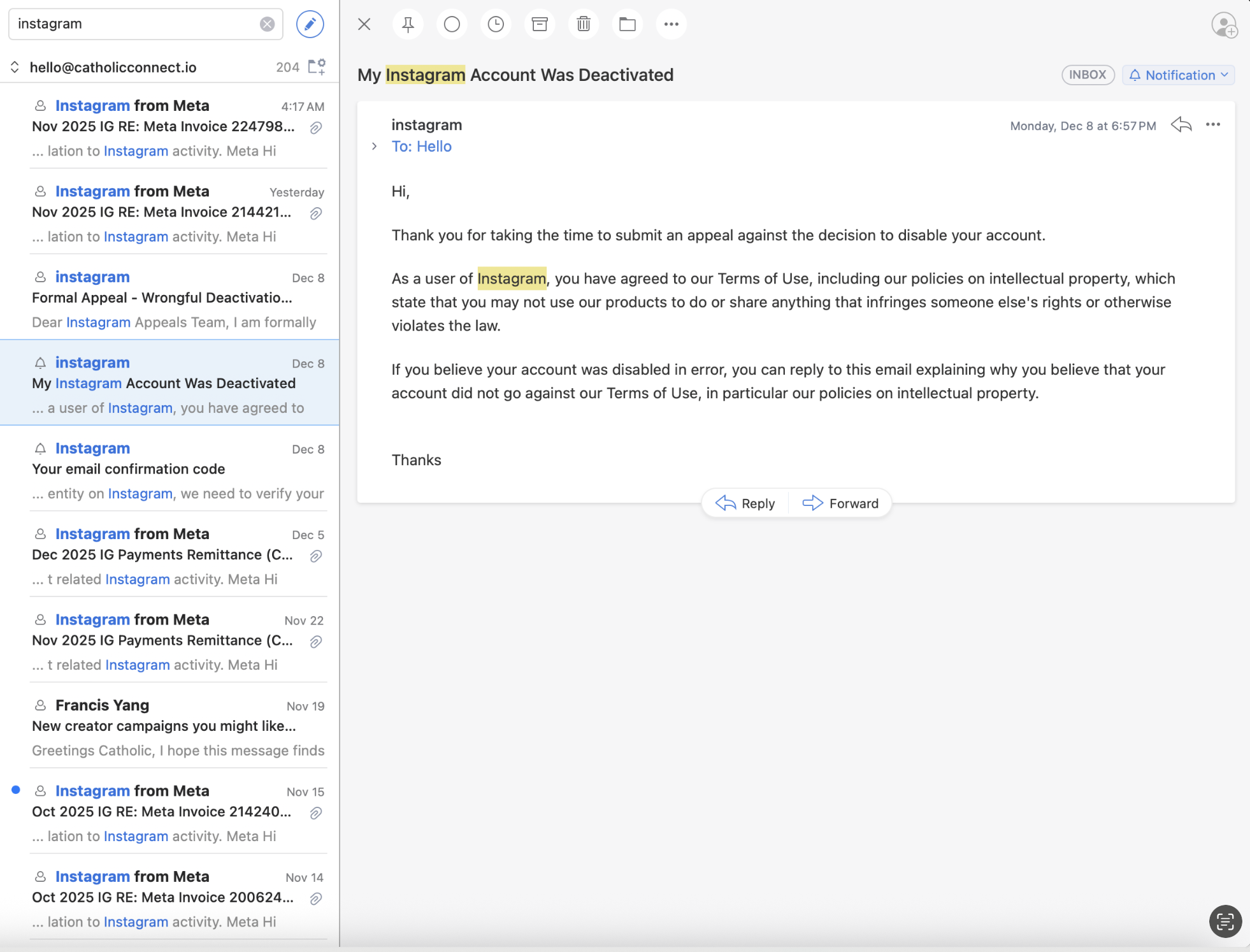 Instagram Misleading Notice of Deactivation To Catholic Connect