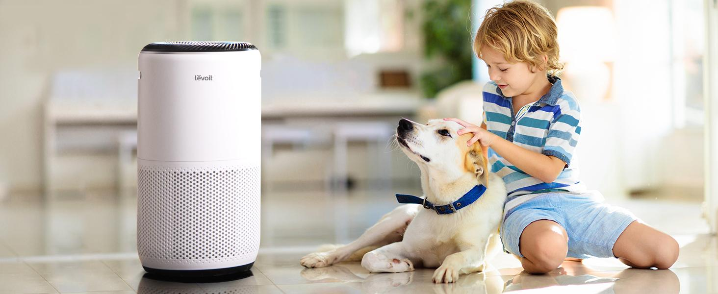 Levoit air purifier running in a  family living room
