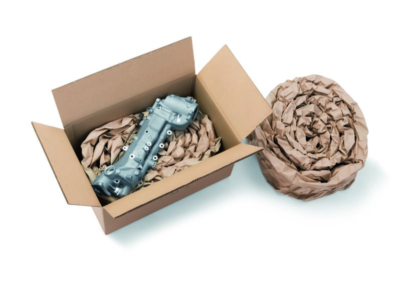 The robust coils of paper cushioning are ideal for protecting mechanical, electronic, pumps, valves, and gear parts, such as those used in the automotive, machine-building and manufacturing sector. Image: Storopack