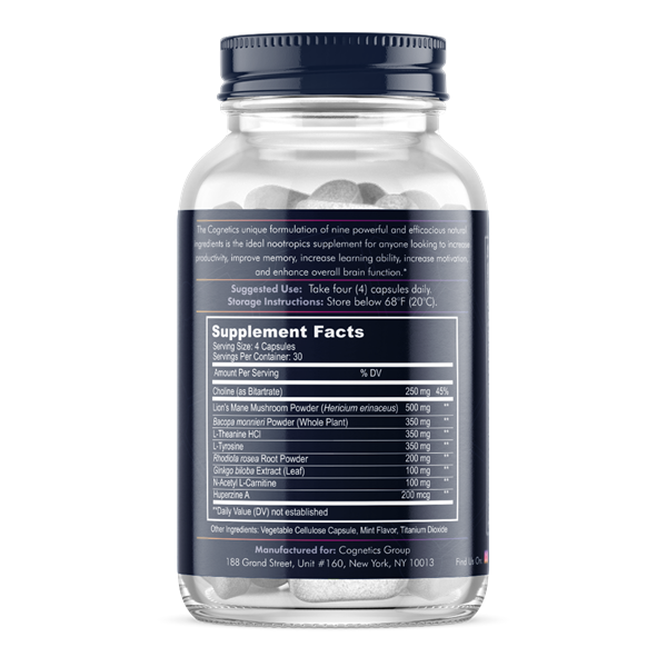 Cognetics EXCEL’s formula includes nine powerful and effective natural ingredients, such as Lion’s Mane, Choline Bitartrate, N-Acetyl Carnitine, Tyrosine, Theanine, Bacopa Monnieri, Ginkgo Biloba Extract, Huperzine A, and Rhodiola Rosea.

