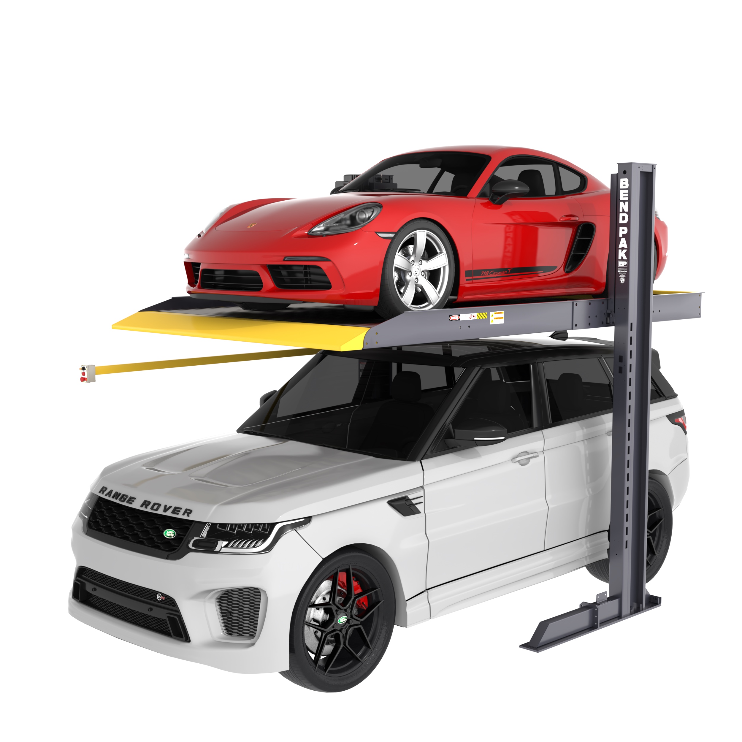 The new BendPak PL-6000DCX two-post parking lift doubles the parking capacity of a typical 8-foot parking space. With a rated capacity of 6,000 pounds, the commercial-grade lift features a wide-deck platform that accommodates pickups, vans, and cars and eases getting in and out of vehicles stored on or under the lift.