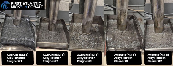 Preliminary metallurgical test of composite material from RPM zone at Pipestone XL project undergoing flotation testing, picture showing the multi-stage process of flotation including rougher and cleaning phases to isolate and concentrate the nickel-iron-cobalt alloy metal. 