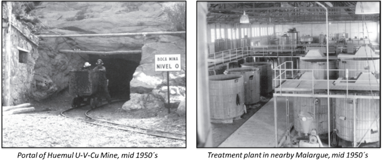 Photos showing the historic Huemul mine and nearby processing plant