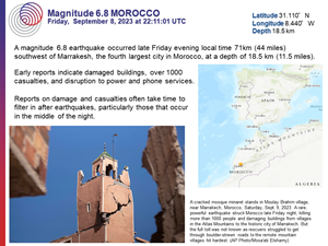 A slide from the M6.8 Morocco Recent Earthquake Teachable Moments presentation. It shows a map of the epicenter location in northern Africa.