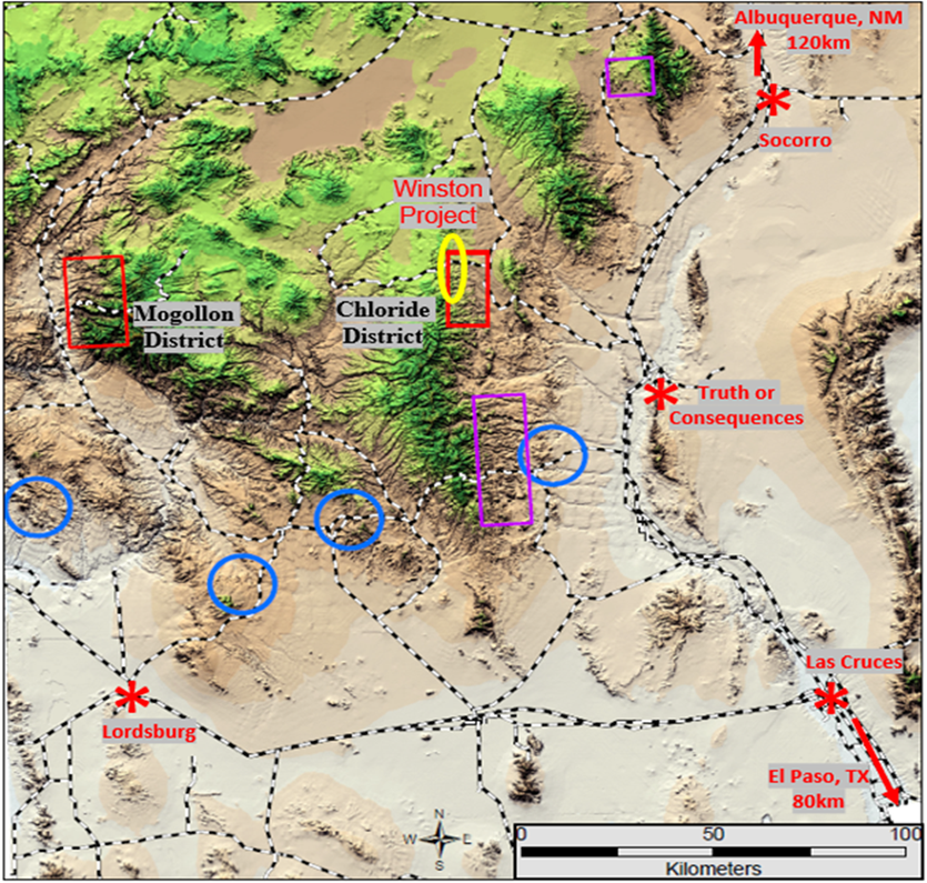 Winston Project (yellow ellipse) regional location map, showing the north end of Chloride District. Porphyry Copper Deposit (PCD) in blue circles; Base-Metal CRD Districts in purple rectangles; Epithermal Precious Metals in red rectangles