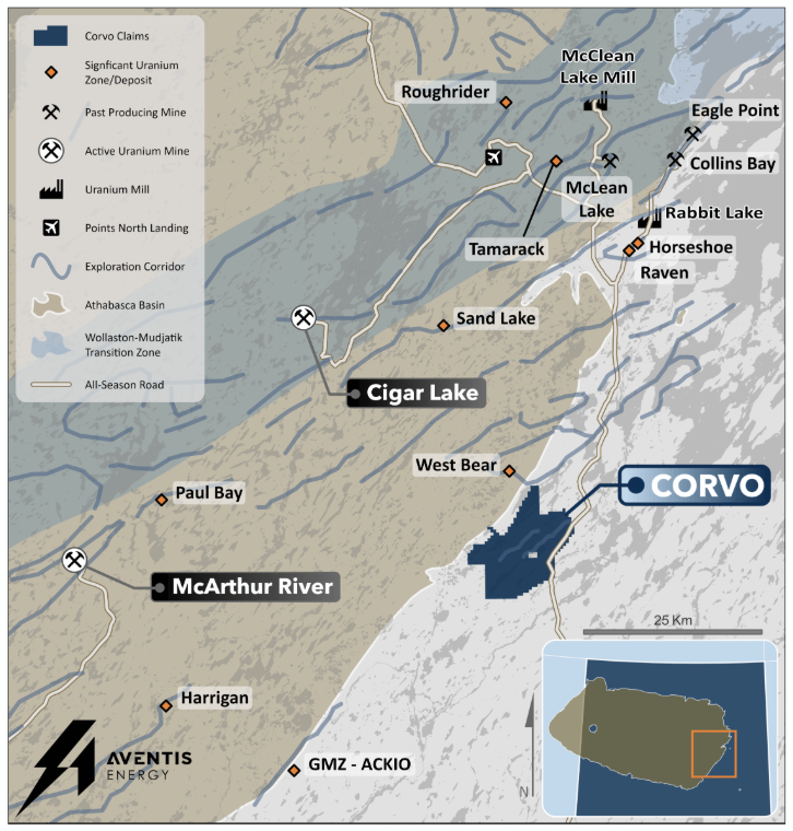 Regional map of the Corvo Project. The Project is located sixty (60) km due east of Cameco's McArthur River mine and forty-five (45) km northeast of Atha Energy's GMZ.