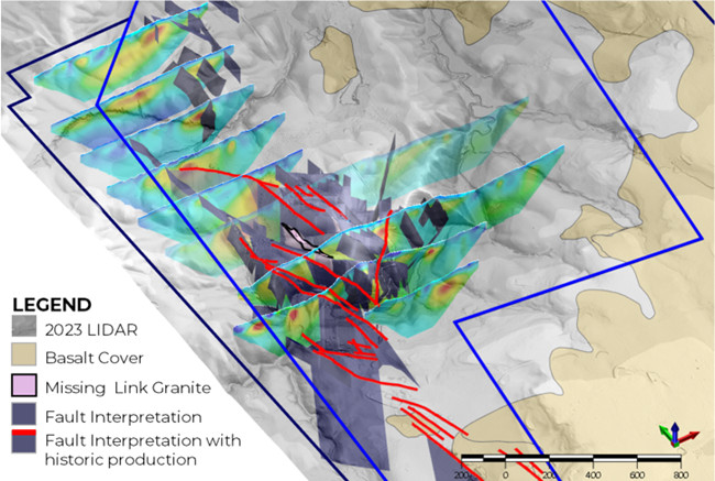 Image taken from the 3D Belltopper Geological Model showing integration of IP (geophysics), surface LIDAR, faults and basic geology.