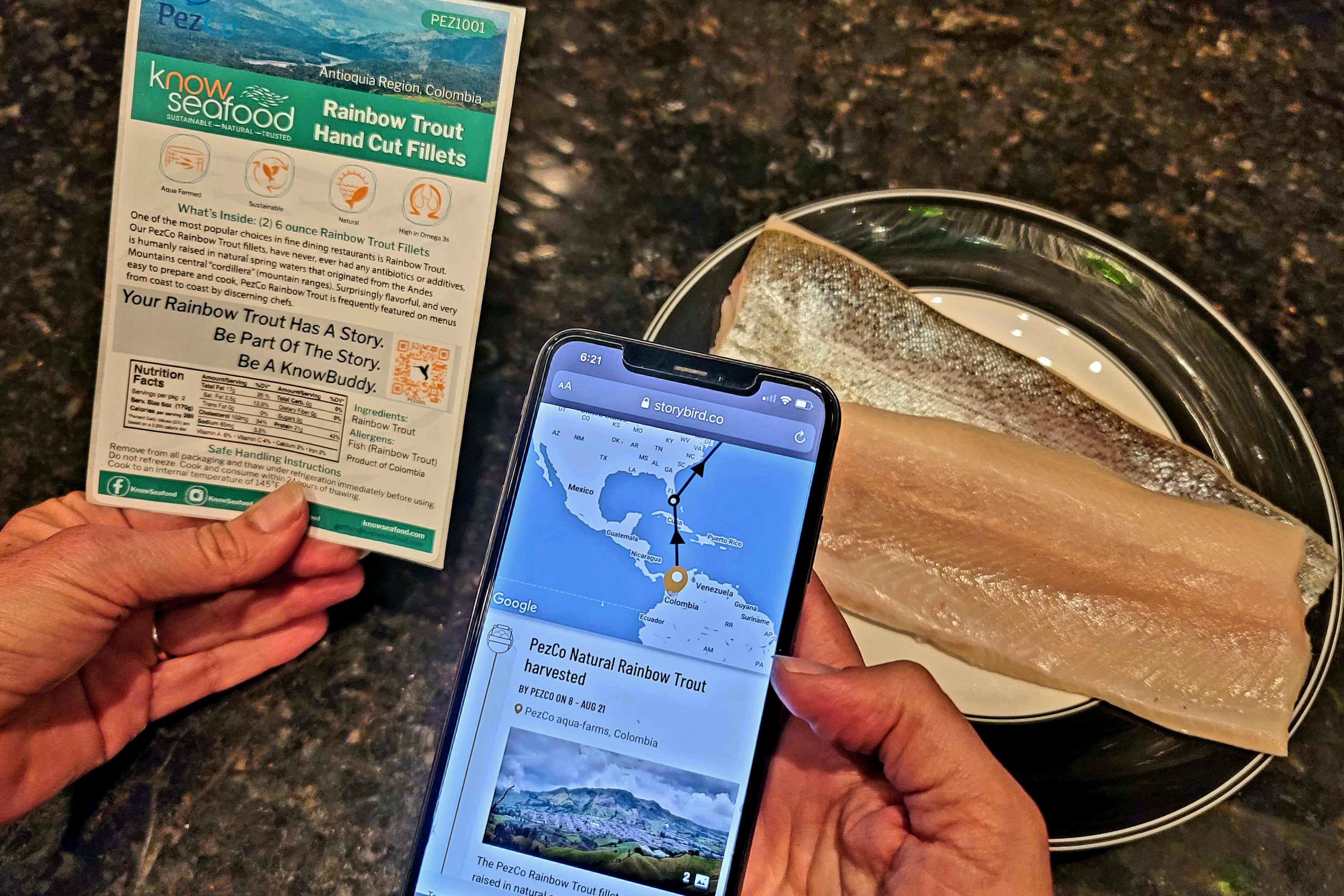 KnowSeafood customers can trace every step of their seafood's journey from ocean to the front door through the innovative use of blockchain technology paired with Storybird supply chain transparency application software. Interactive maps and photos show exactly when, where, and how this Rainbow Trout was caught and shipped. 