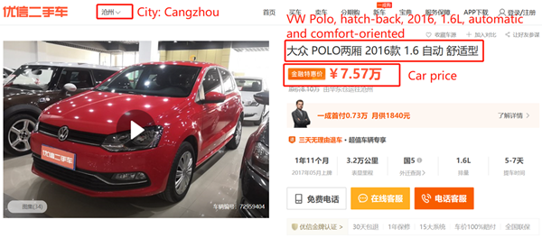 Example 3 - A VW Polo, hatch-back, 2016, 1.6L, automatic and comfort-oriented; shown in four cities – Cangzhou, Chongqing, Shenyang and Foshan with different prices (1)