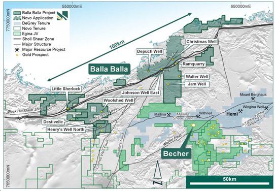 Figure 3: Location and tenure of the Balla Balla Gold Project, with preliminary structural interpretation and key prospects.