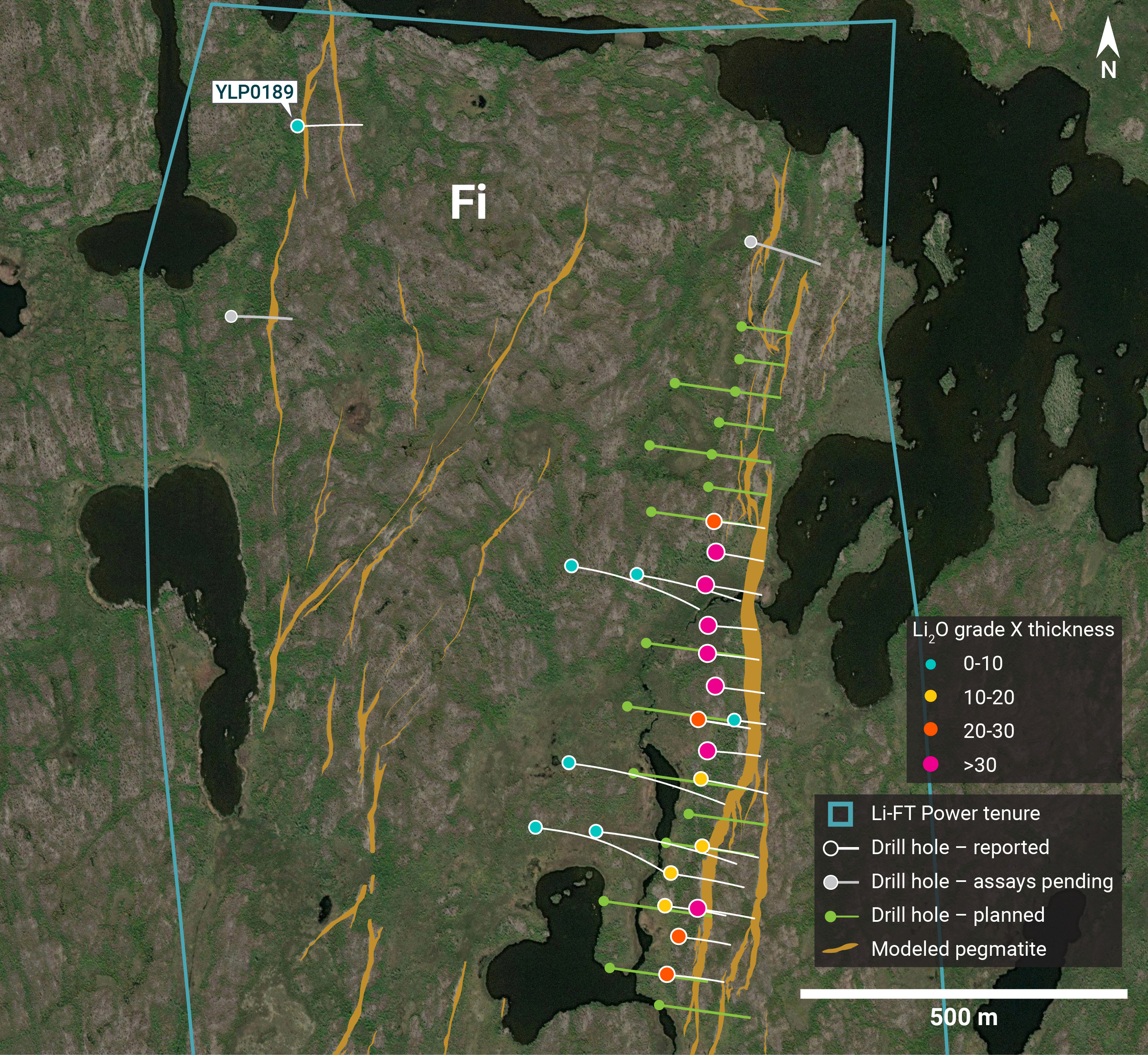 Plan view showing the surface expression of the Fi Boye pegmatite with diamond drill holes reported in this press release.