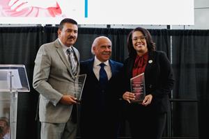 From left, Keynote speaker Francisco Ibarra, Oklahoma Hispanic Institute Founder/Chairman Fred Mendoza and Dr. Mautra Staley Jones, president of OCCC
