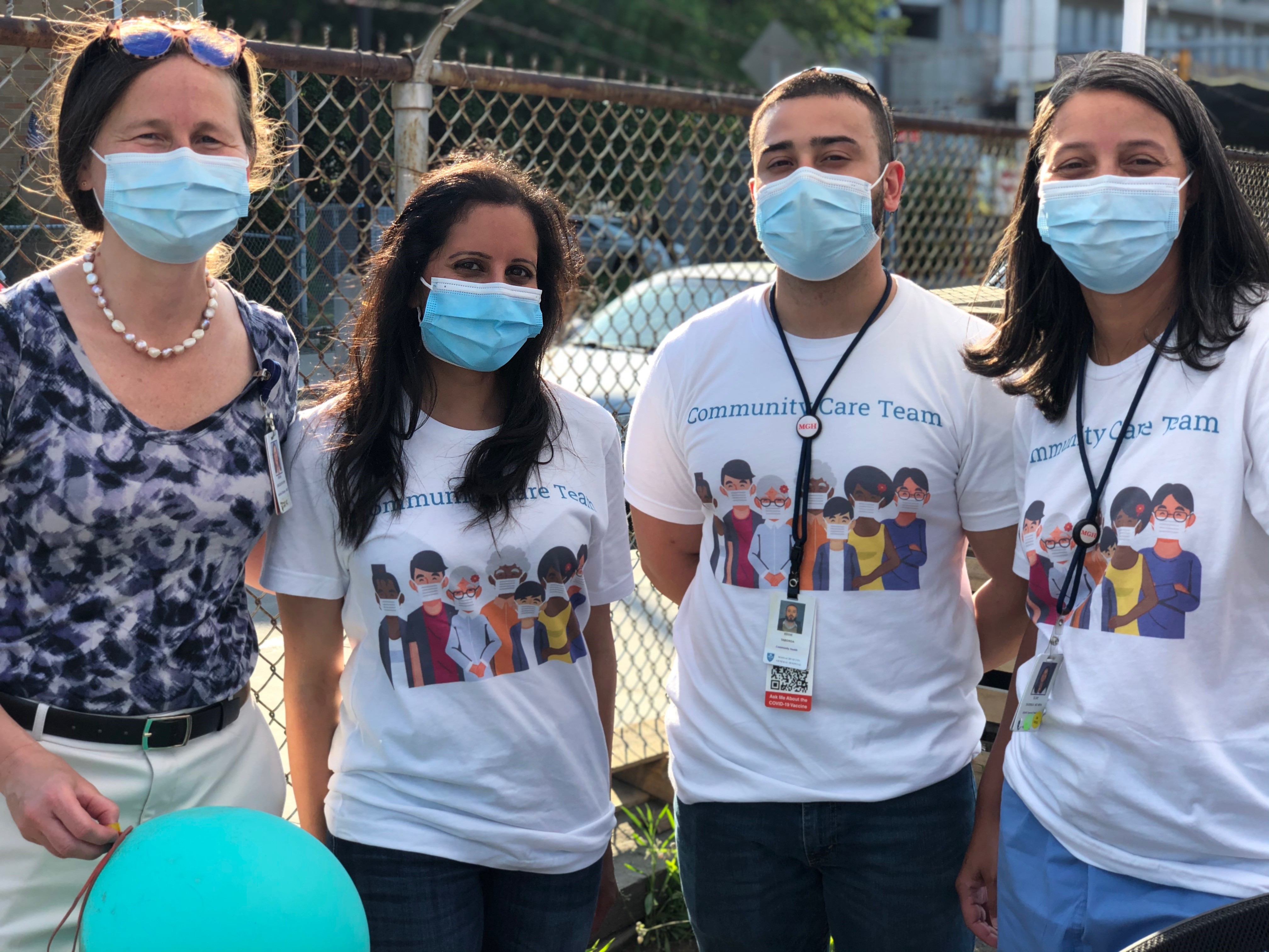 Left to right: Regina LaRocque, MD (Infectious Disease); Priya Sarin Gupta, MD MPH (Medical Director of MGB Kraft Community Care Van); Eddie Taborda (Senior Research Coordinator, Kraft Center); Elsie Taveras, MD MPH (Chief Health Equity Officer, Mass Gen Brigham). 