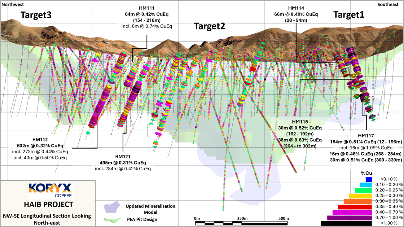 Long section showing thirteen drillhole intersections relative to the model for Cu mineralization