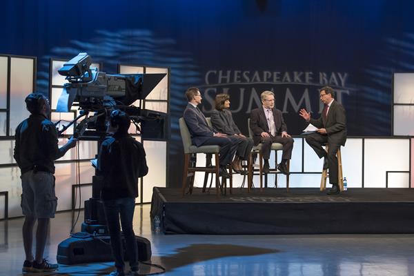 Host Frank Senso (right) guides the conversation during a previous edition of MPT's Chesapeake Bay Summit. Sesno will again be joined by a panel of knowledgeable experts, activists, and government officials for a discussion about the health of the Chesapeake Bay and the status of cleanup efforts. 