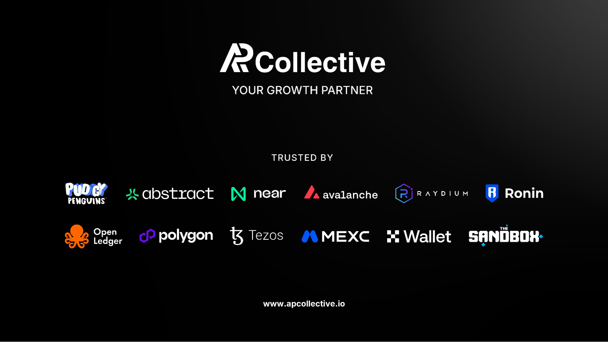 AP Collective client logo wall featuring Pudgy Penguins, NEAR, Avalanche, Raydium, Polygon and more. 