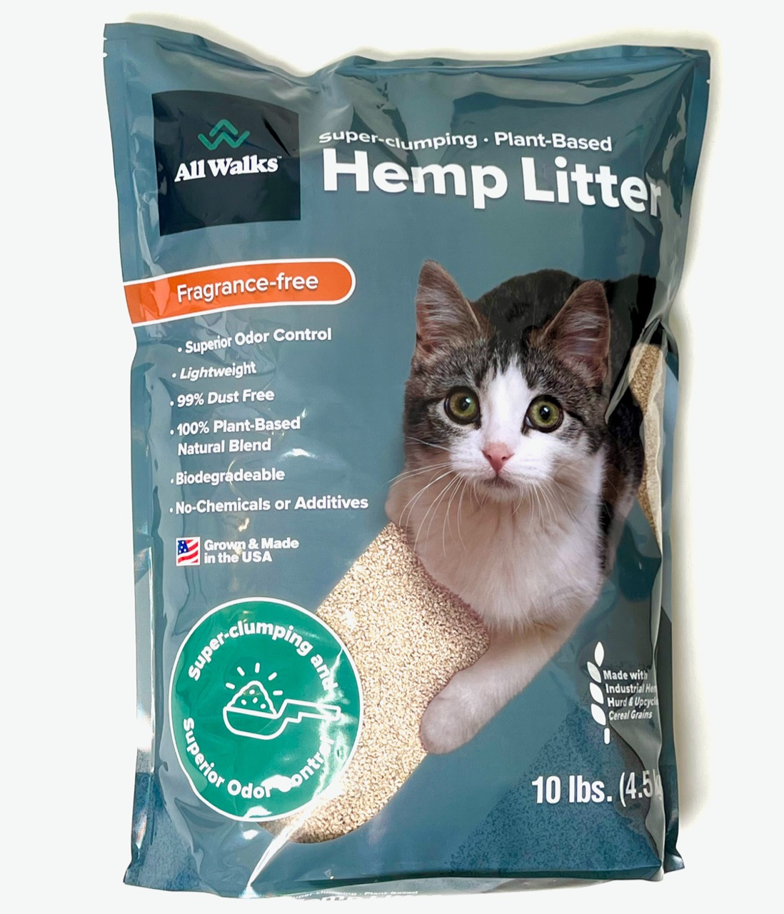 The farmed, not mined, biodegradable, chemical-free, additive-free All Walks® Hemp Litter delivers a lightweight, super-clumping, virtually dust and odor-free product for pet owners.