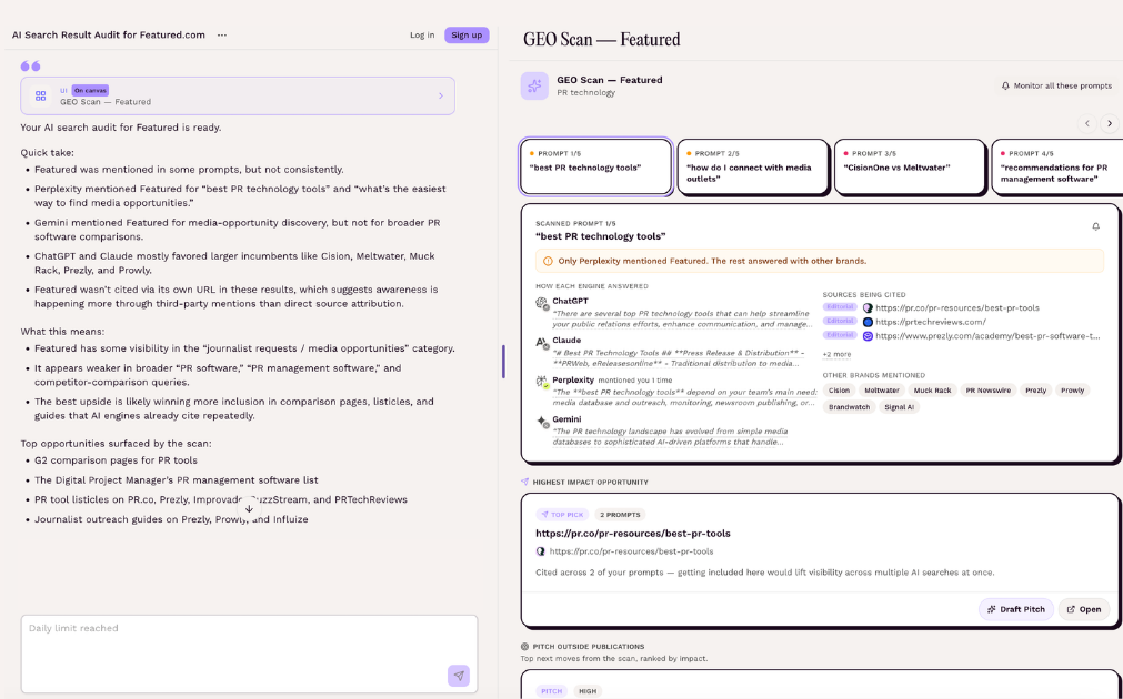 Featured's GEO Audit, an AI visibility tool, shows brands where they appear in AI search results, which competitors appear instead, which publications influence AI answers, and which sources to pursue through PR outreach.