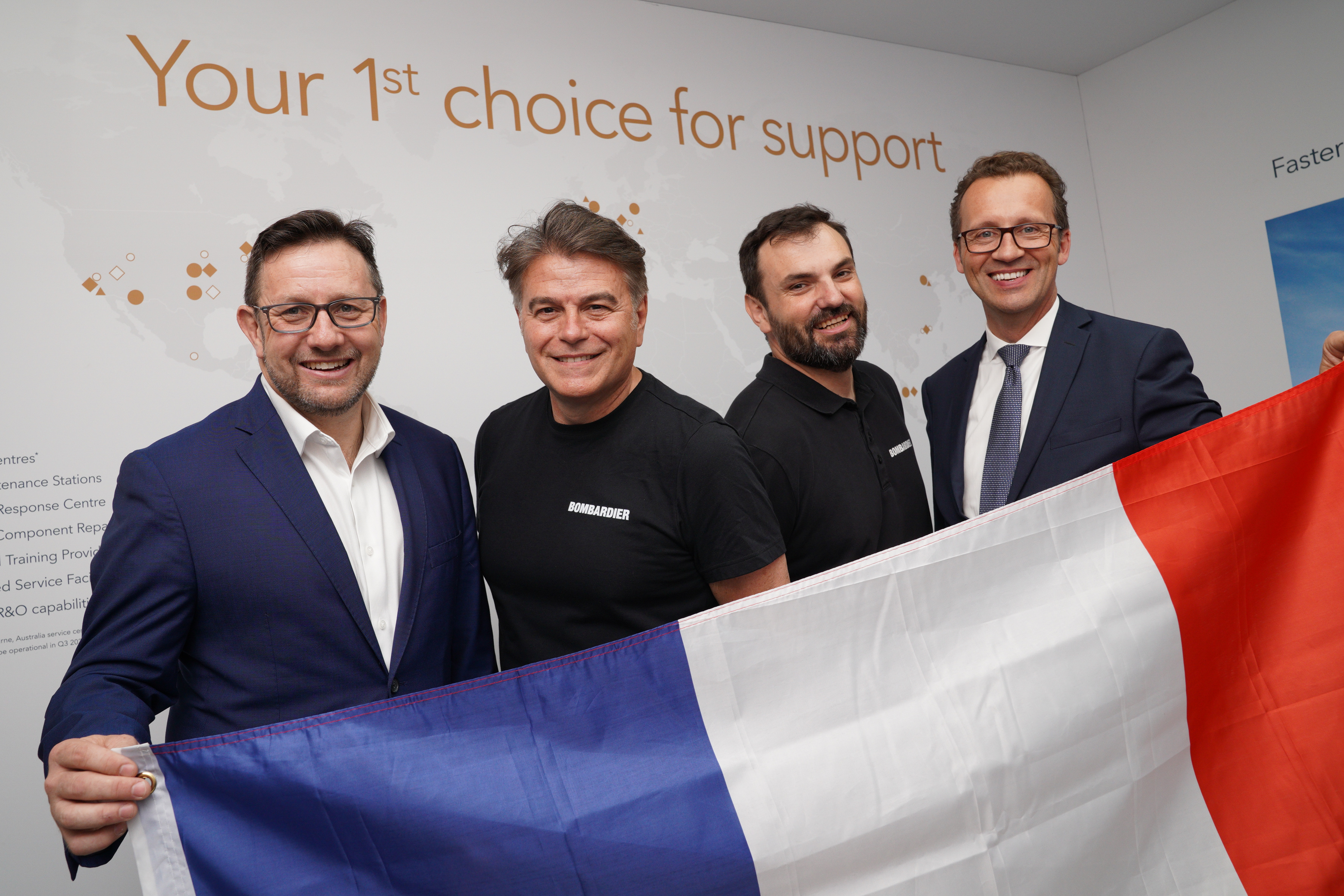 From left to right: Anthony Cox, Vice President, Customer Support, Bombardier; Mobile Response Team Engineers Pietro Iacubino and Sylvain Moratille; and Guillaume Landrivon, Vice President, Smart Services and Programs.
