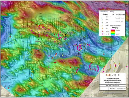 Quash Pass gold-in-soil anomalies, reduced-to-pole magnetic anomalies, borehole collars and traces, Tatogga Project, northwestern BC.