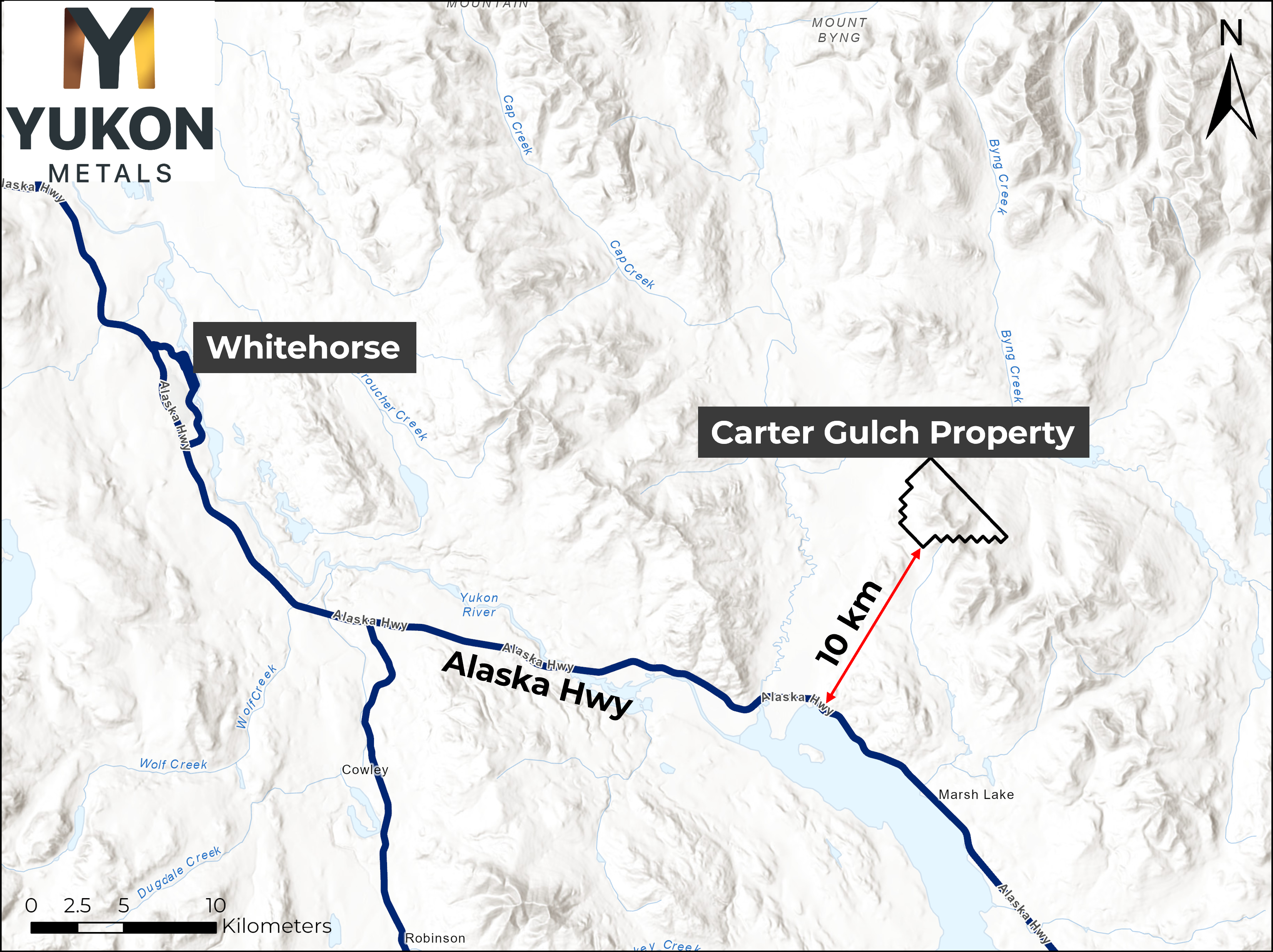 Figure 3- Location of the Carter Gulch property in relation to Whitehorse and the Alaska Highway. 