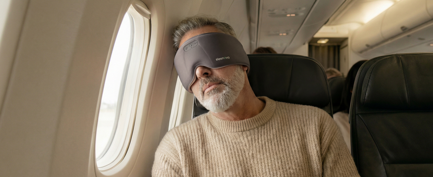A man resting on an airplane wearing a Sleenova smart sleep mask.