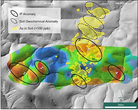 John Bull - Plan view IP image with targets defined by IP (A, 1-4) and soil geochemical targets (dashed black lines).