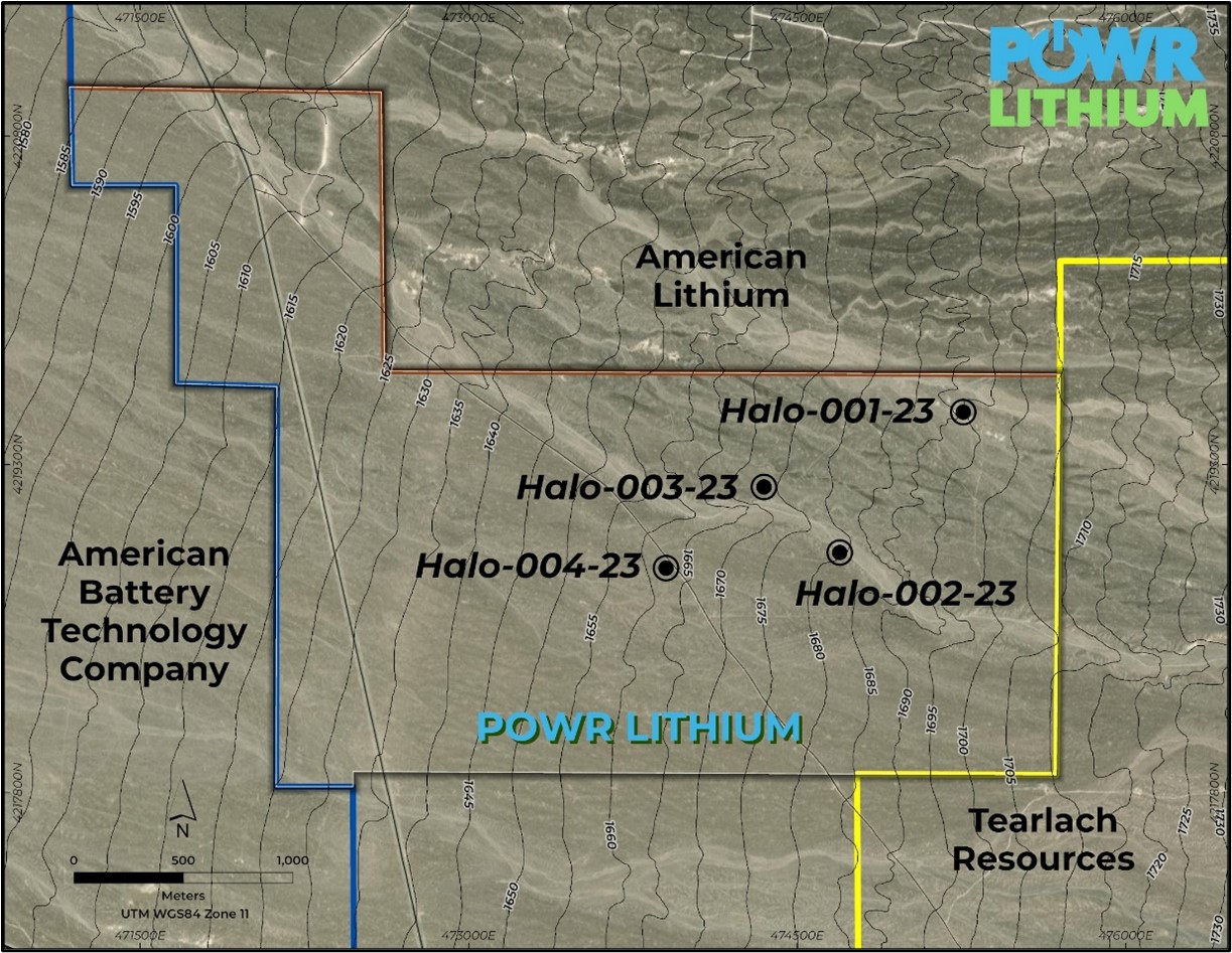 Map of the POWR Lithium land package showing drill holes and neighboring land positions